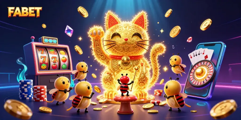 Experience the excitement of FABET with vibrant casino symbols and a lucky cat illustration in action.