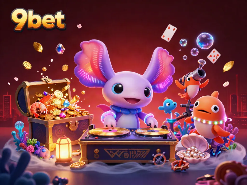 Experience the vibrant energy of 9bet with colorful characters and casino elements in underwater delight.