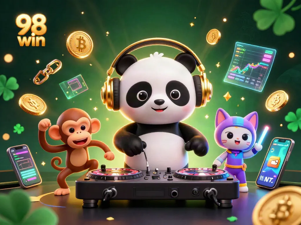 Join the excitement at 98 win, featuring a DJ panda leading the dance party with glowing coins!