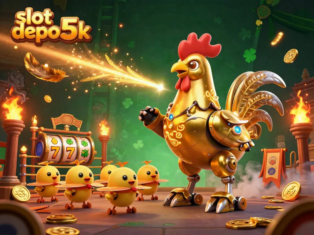 Your chance to win with slot depo 5k as the dynamic rooster robot leads in an energetic casino scene.