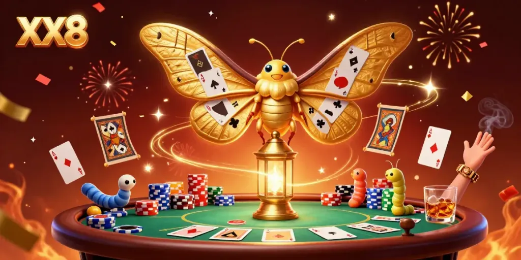 Engage with XX8 gaming experiences featuring a majestic moth and casino elements.