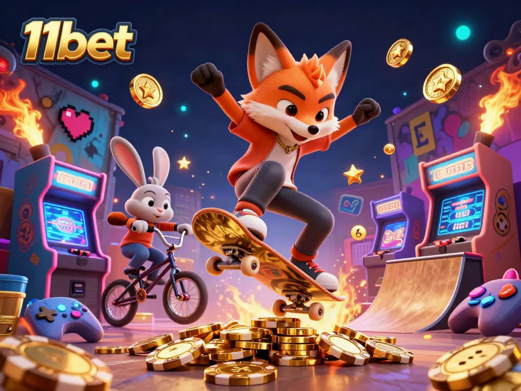 Experience the thrilling action of 11bet with vibrant casino-themed characters showcasing their skills.