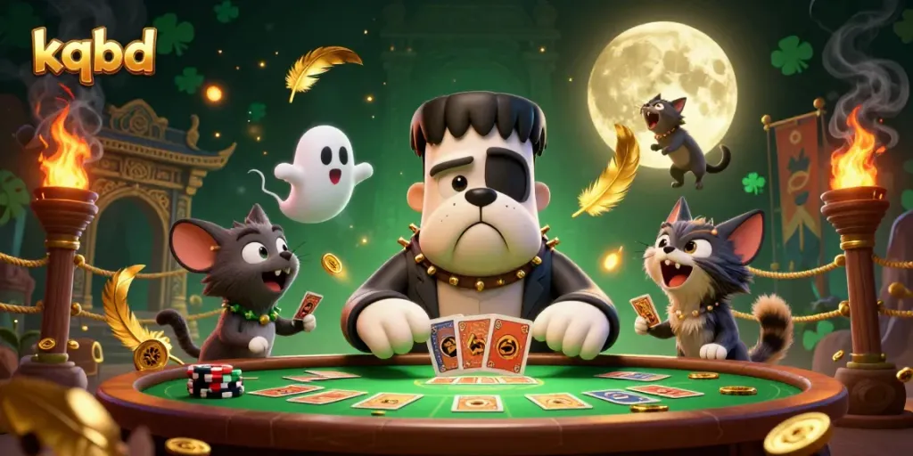 Play kqbd with 3D cartoon characters at a spooky table, showcasing engaging gambling elements.