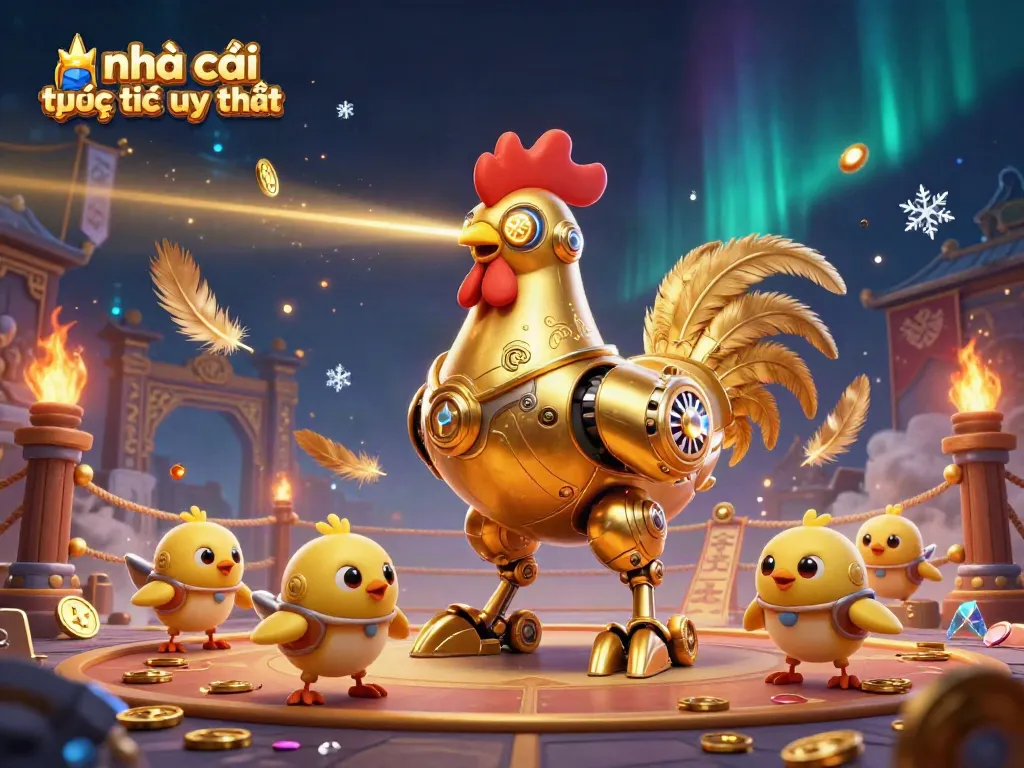 Experience the thrill of nhà cái trực tuyến uy tín with this captivating 3D casino illustration featuring a golden rooster robot and baby chick drones.
