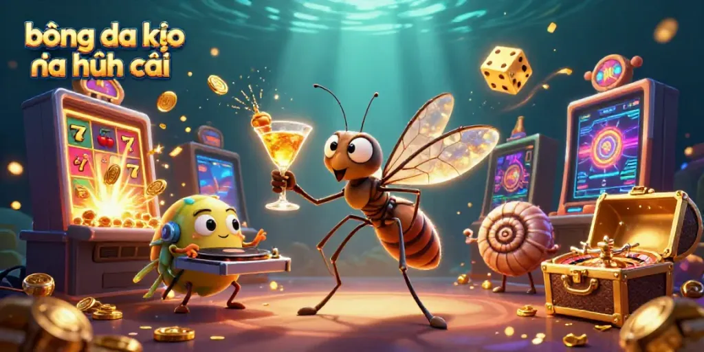 Bong đá kèo nhà cái illustrated scene with vibrant characters and casino elements bringing excitement to sports betting.