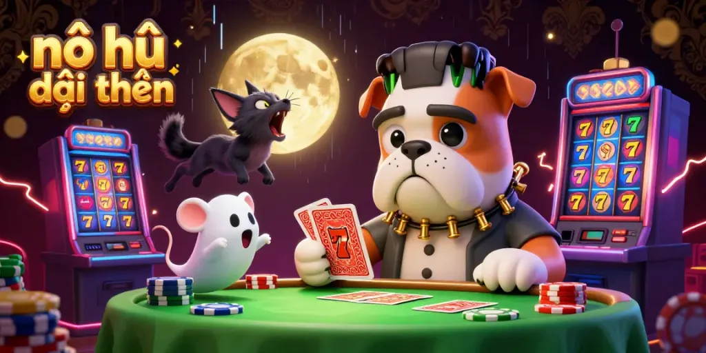 Engaging scene featuring casino characters playing nổ hũ đổi thưởng with dynamic slot machines and vibrant colors.