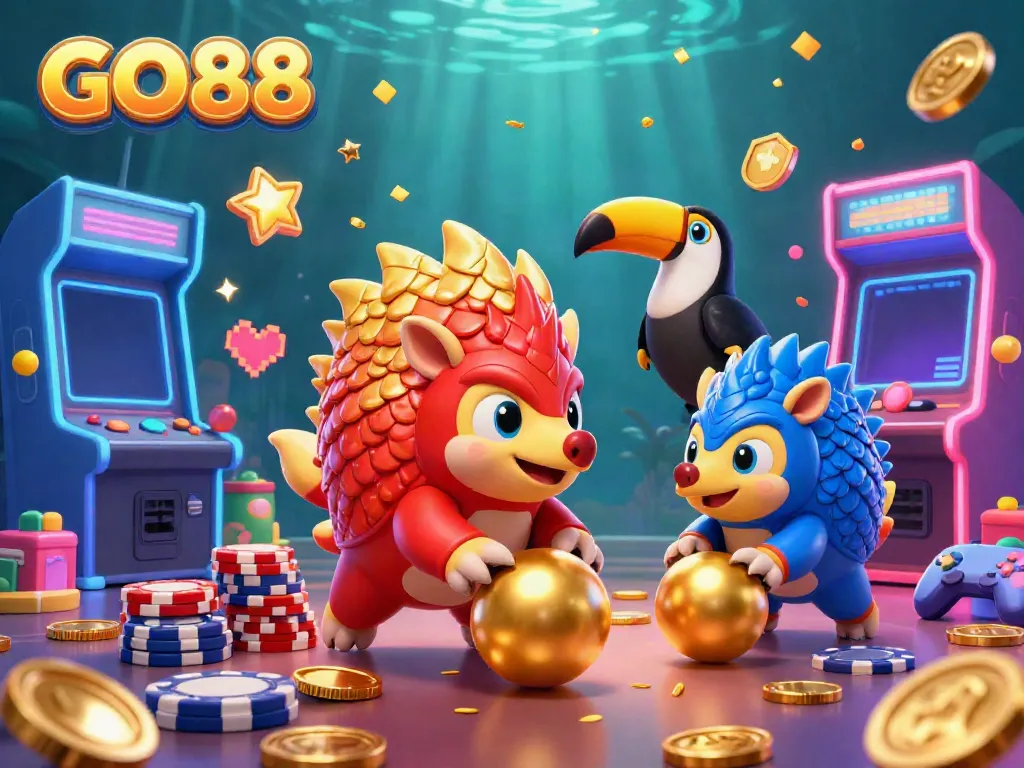 Bowling pangolins in armor celebrate with gold chips and vibrant arcade elements at GO88 casino.