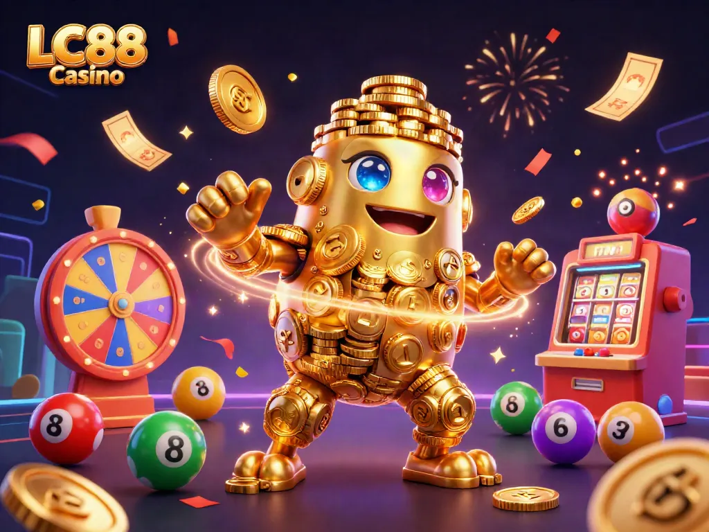 Experience the excitement of LC88 Casino with vibrant visuals of game elements, celebrating under fireworks.