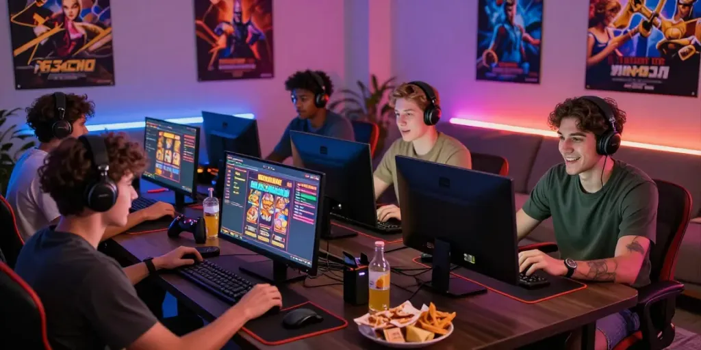 Players immersed in slot gacor hari ini gaming experience, vibrant atmosphere and modern equipment.