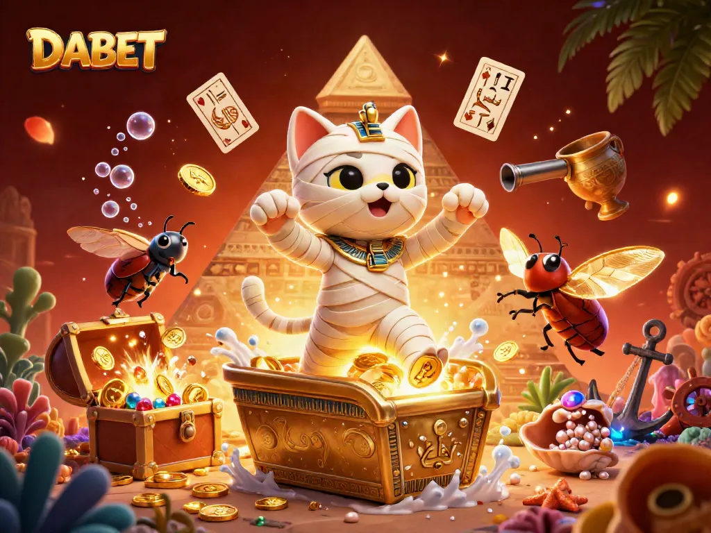 DABET showcases a vibrant pyramid casino scene with 3D cartoon characters, overflowing treasures, and vibrant elements.