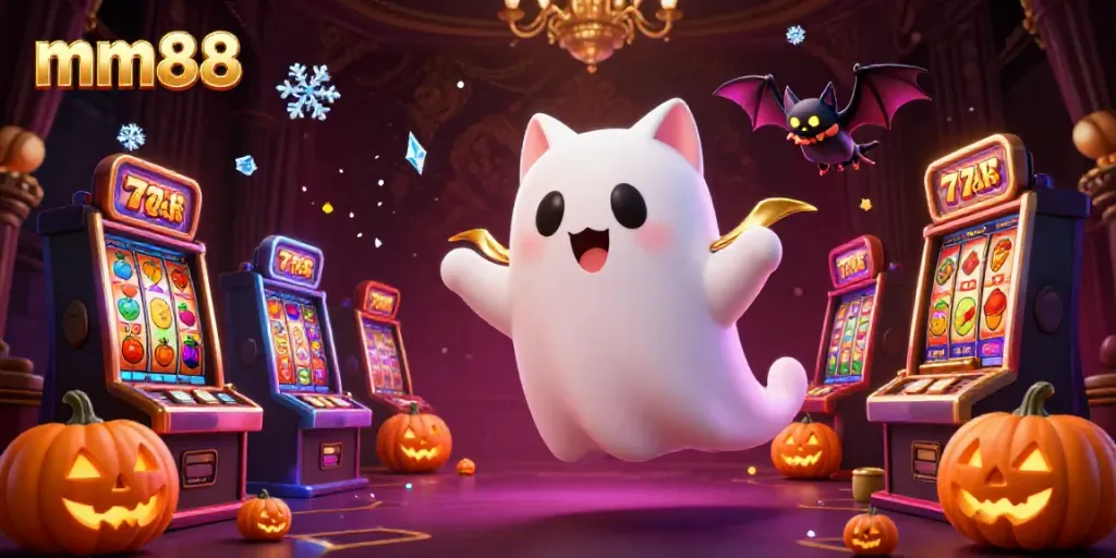 Experience the enchanting world of mm88 with a ghost cat in a haunted casino scene filled with slot reels.