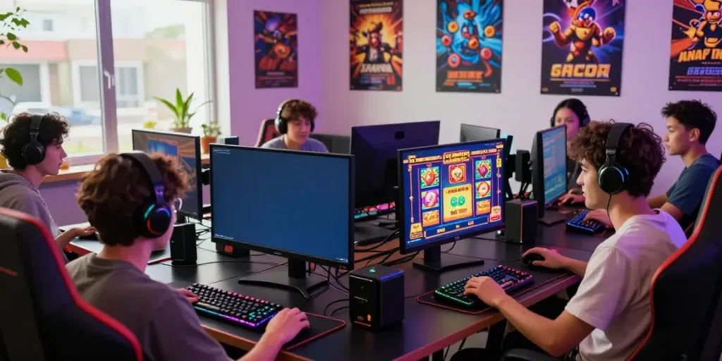 Gamers enjoy slot gacor hari ini on dual monitors in a vibrant gaming setup.