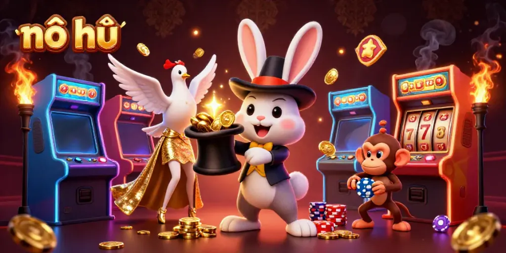 Engage with nổ hũ gameplay featuring a magician pulling coins, a dove, and a playful monkey.