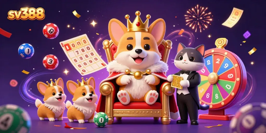 Experience exciting gaming action at sv388 with vibrant cartoon characters amidst festive elements.
