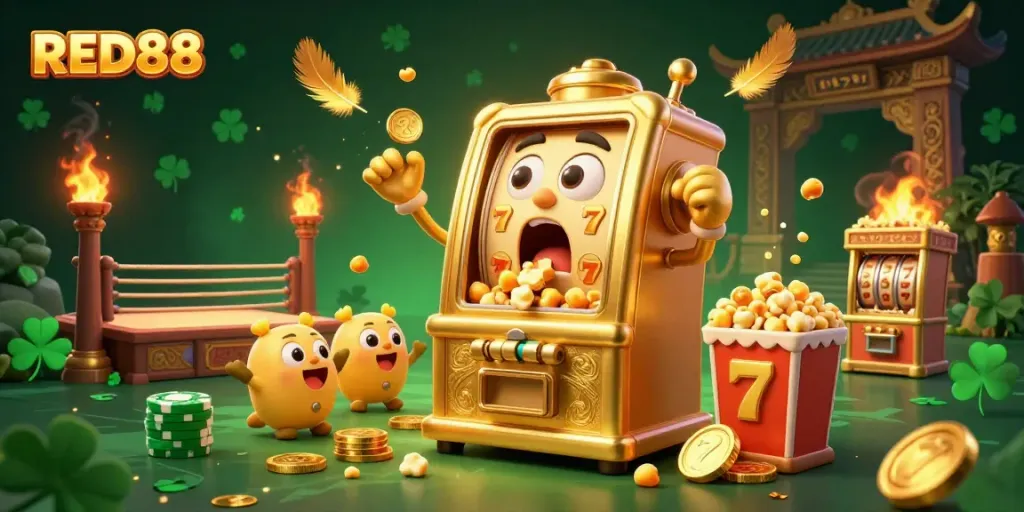 Celebrate big wins at RED88 with a golden slot machine jackpot and cheering companions in a lively casino scene.