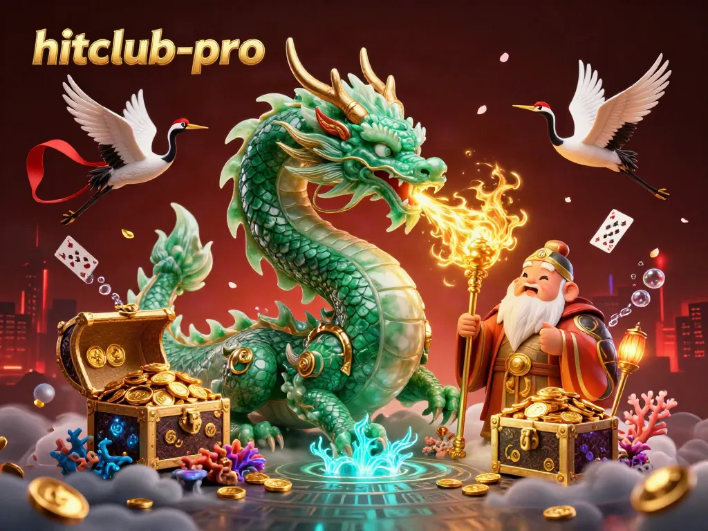 Immerse in gaming action with hitclub-pro, showcasing a vibrant casino-themed scene with a dragon, turtle sage, and flying cranes.