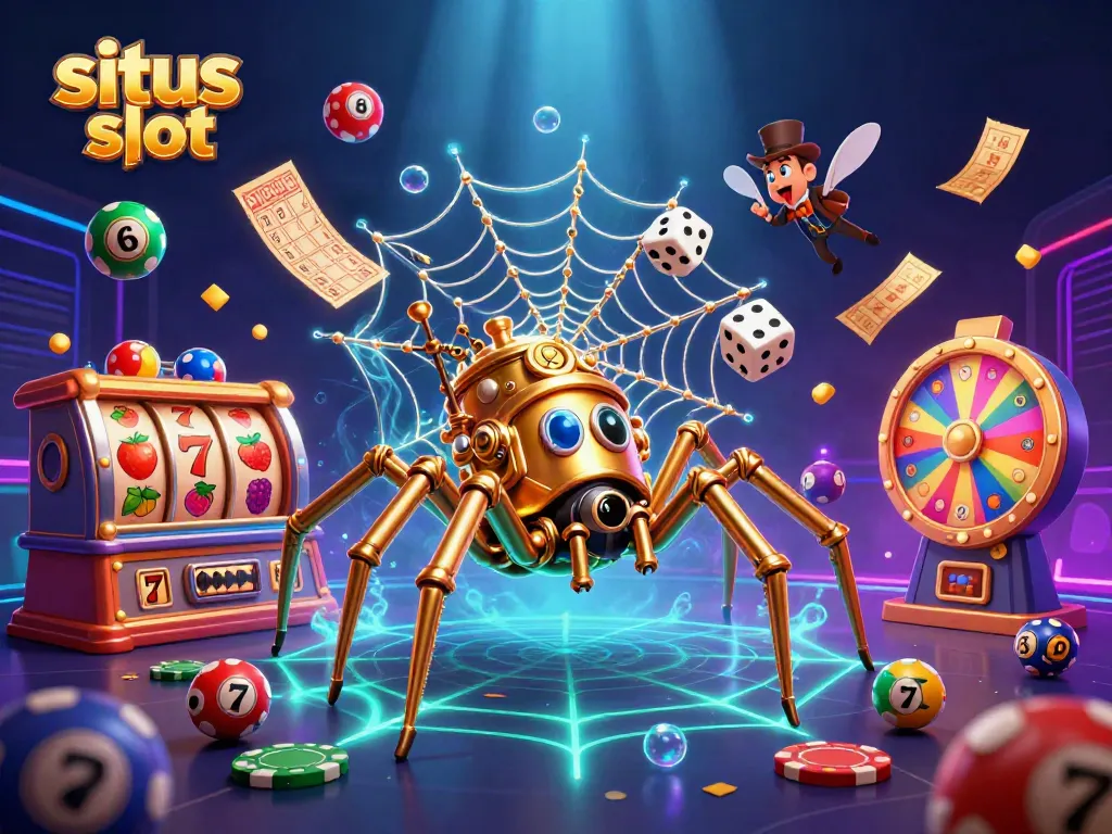 Spin the reels at situs slot while a steampunk spider weaves gold chains in a vibrant casino scene.