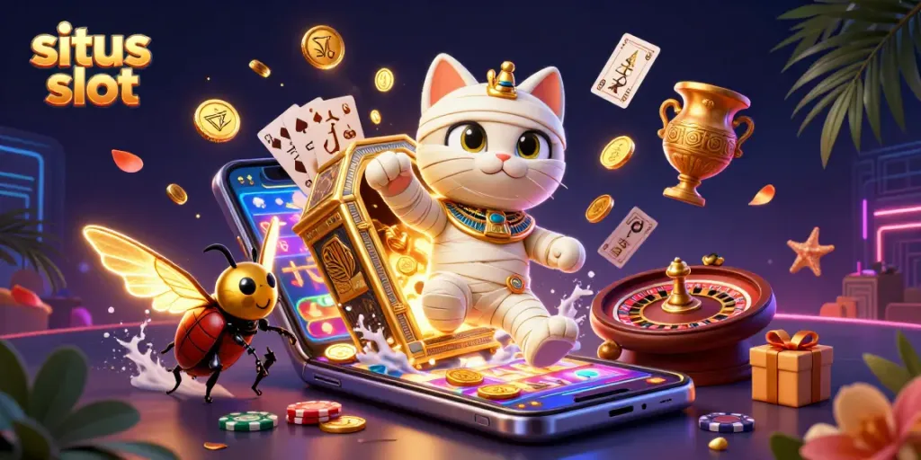 Experience excitement at situs slot with a lively Egyptian mummy cat and golden gaming elements!