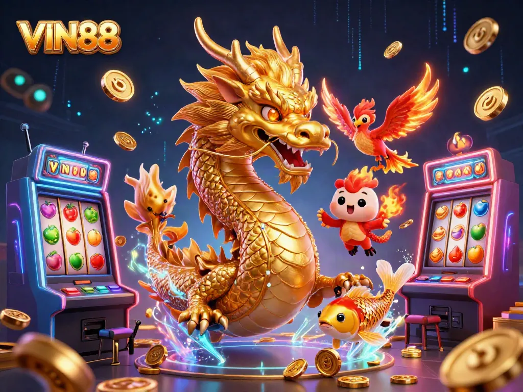 Engage with VIN88's thrilling gaming experience featuring a dragon and phoenix amid slots and coins.