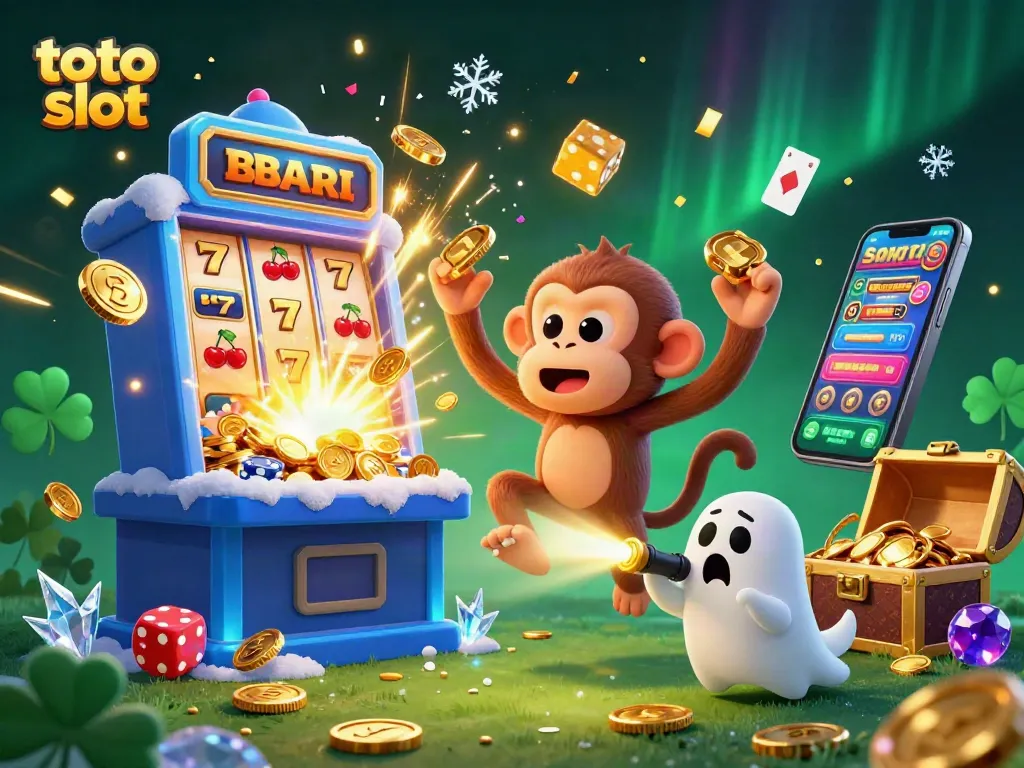 Engage with the exciting toto slot scene where a mischievous monkey juggles in a vibrant casino alongside a curious puppy, driving thrilling gaming adventures.