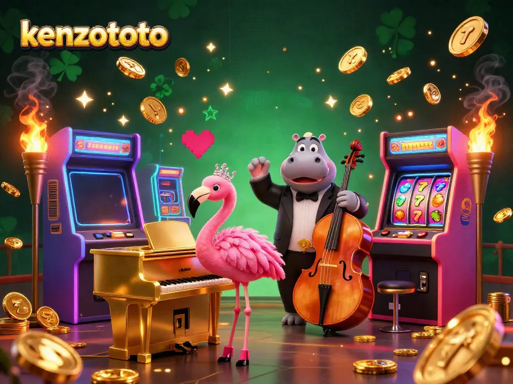 Kenzototo featuring a lively flamingo singer and hippo bassist at a vibrant casino scene, filled with arcade and slot game elements.