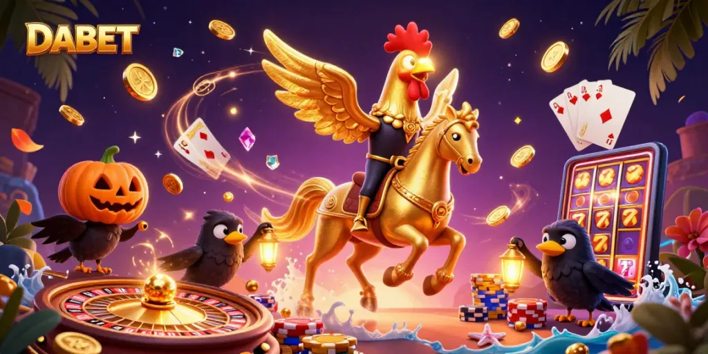 DABET showcases thrilling casino adventures through a vibrant and magical midnight scene, filled with gold.
