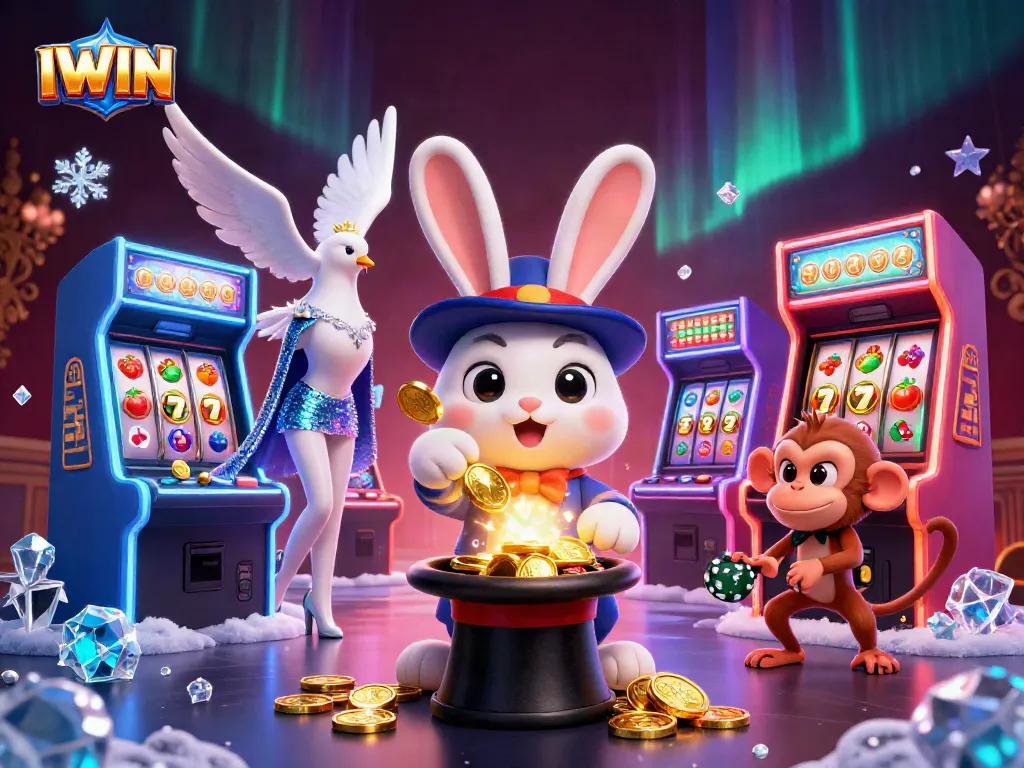 IWIN casino scene featuring a magician rabbit, a dove, and a monkey, surrounded by slot reels and gold coins