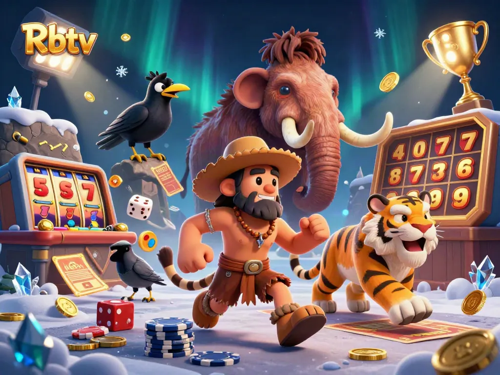 Mengatur taruhan dengan Rbtv di kasino prasejarah yang meriah dengan jackpot dan simbol slot.