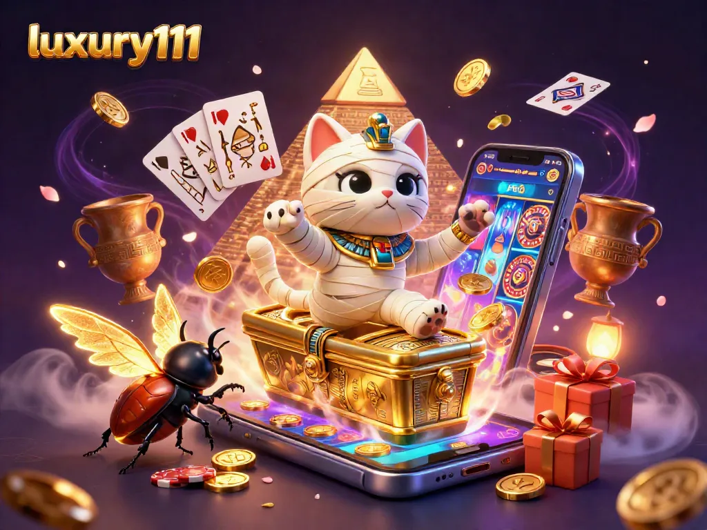 Experience thrilling gameplay at luxury111 with an Egyptian-themed casino illustration showcasing vibrant slot action.