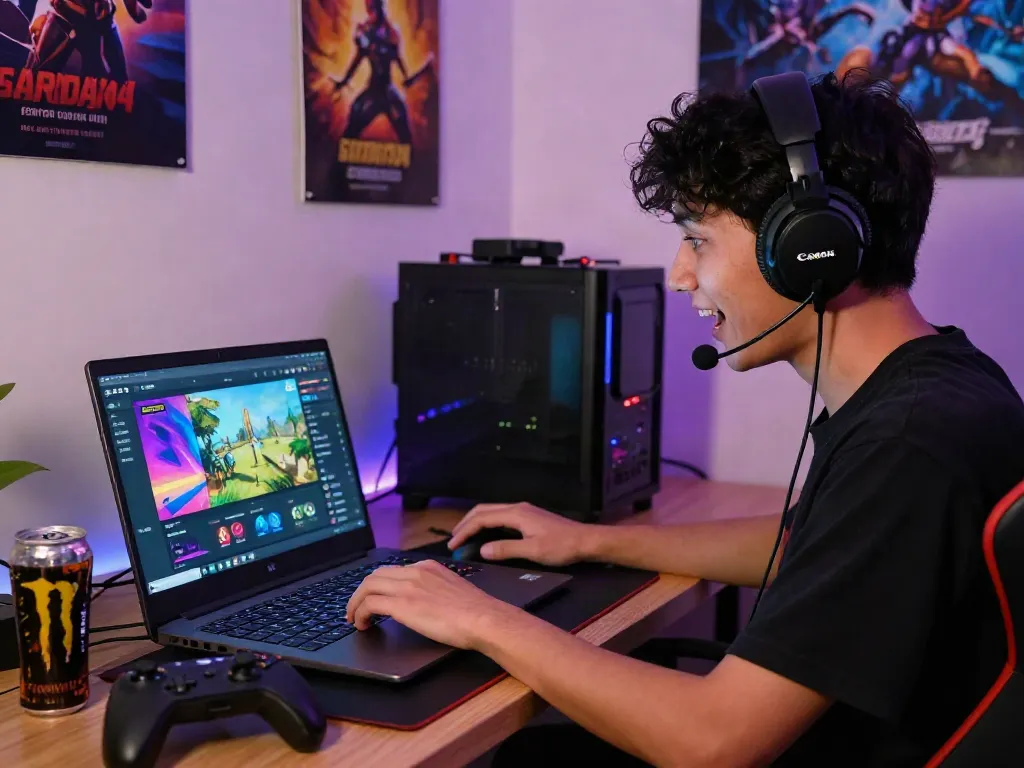 User enjoying GARUDA404 gaming platform on a laptop in a cozy setting with vibrant screens and accessories.