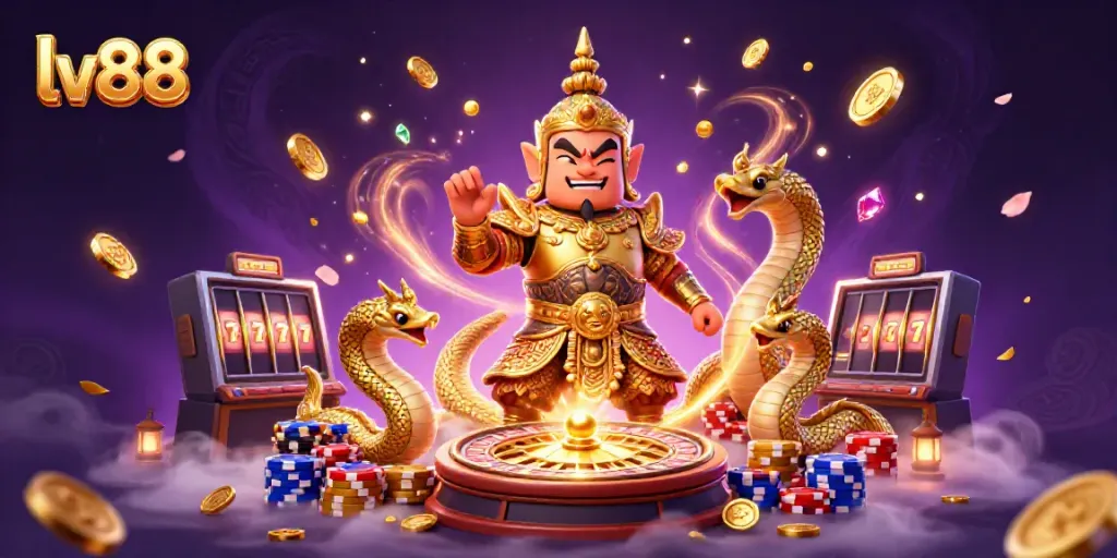 Experience exciting casino action with lv88 featuring a golden guardian, roulette, and colorful chips.