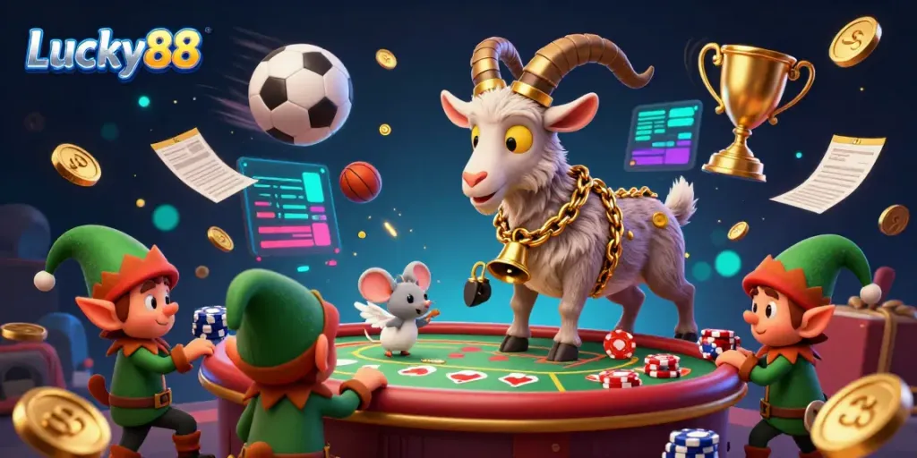 Experience the excitement of Lucky88 with a festive Krampus goat and playful characters in a vibrant casino atmosphere.