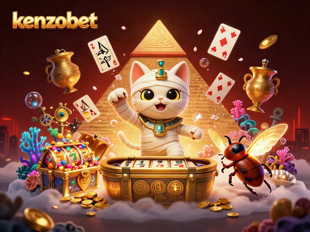 Kenzobet captures the excitement of gaming with a mummy cat and scarab beetle in a vibrant casino scene
