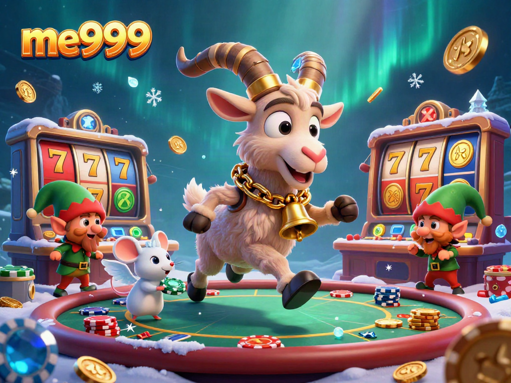 Experience thrilling gaming with me999 as a Krampus goat oversees a lively casino scene filled with poker tables and festive characters.