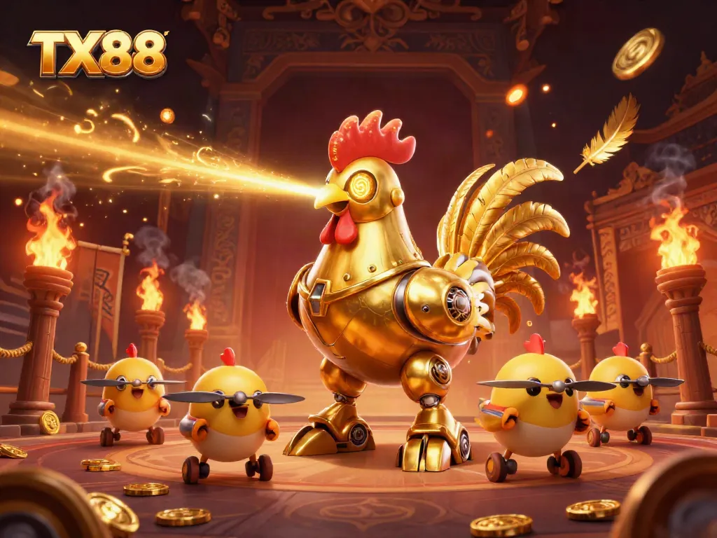 Engage with TX88's thrilling atmosphere through a dynamic scene of a golden rooster robot and baby chick drones lighting up the gambling arena.