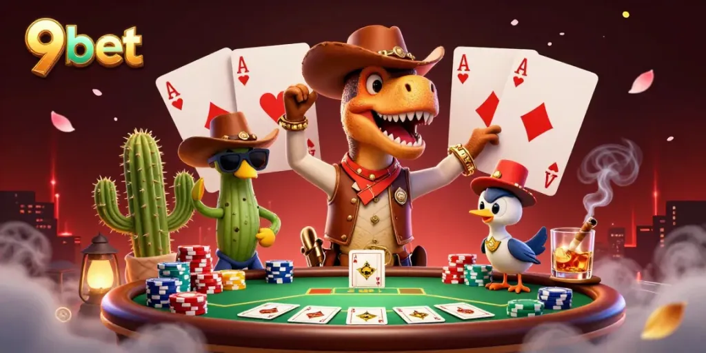Engage in thrilling poker action at 9bet with a vibrant casino-themed illustration featuring animated characters and game elements.