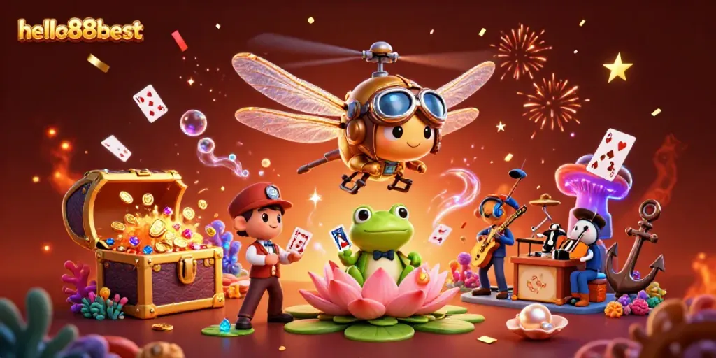 Experience the excitement of hello88best with a vivid casino scene featuring a dragonfly pilot, frog dealer, and jazz-playing crickets.