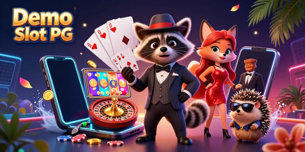 Engage with Demo Slot PG in this vibrant 3D illustration featuring a suave raccoon, stylish fox, and quirky hedgehog.