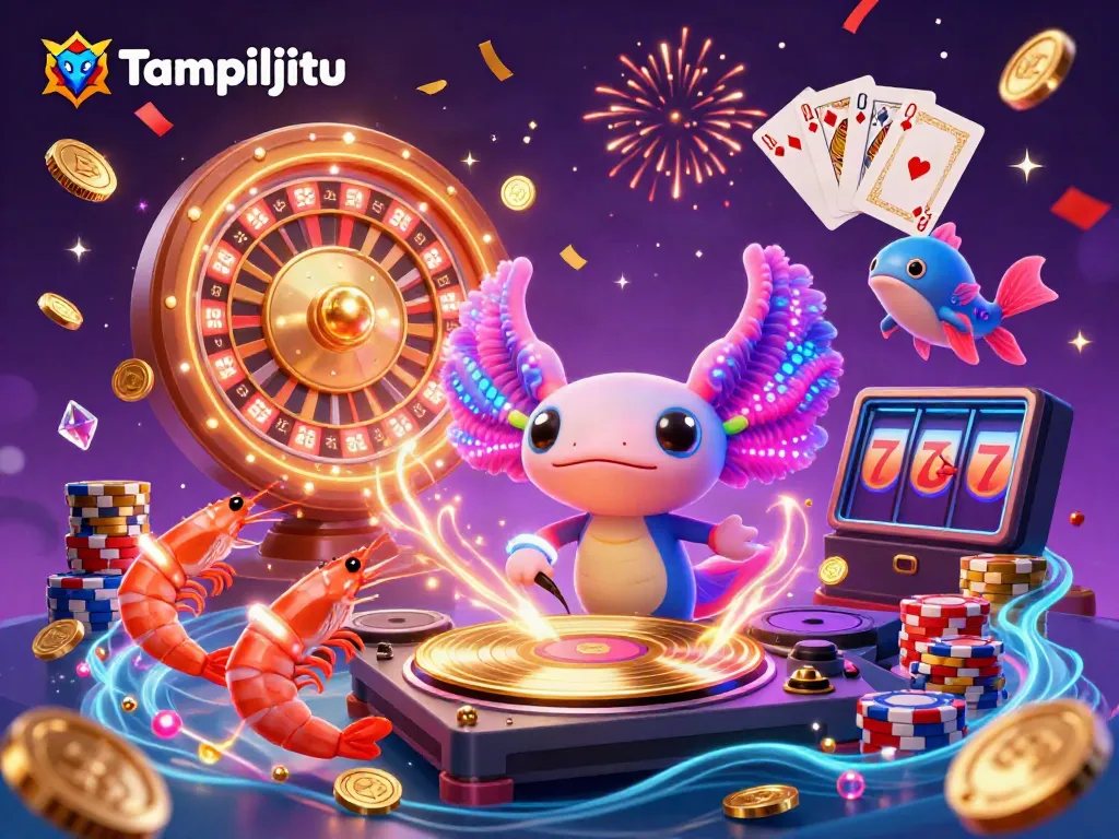 Tampiljitu's vibrant illustration depicts a lively scene with a DJ axolotl and dancing shrimp in a colorful casino setting.