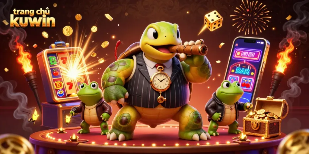 Engage with the vibrant casino scene at trang chủ kuwin featuring a cartoon snapping turtle bringing luck.