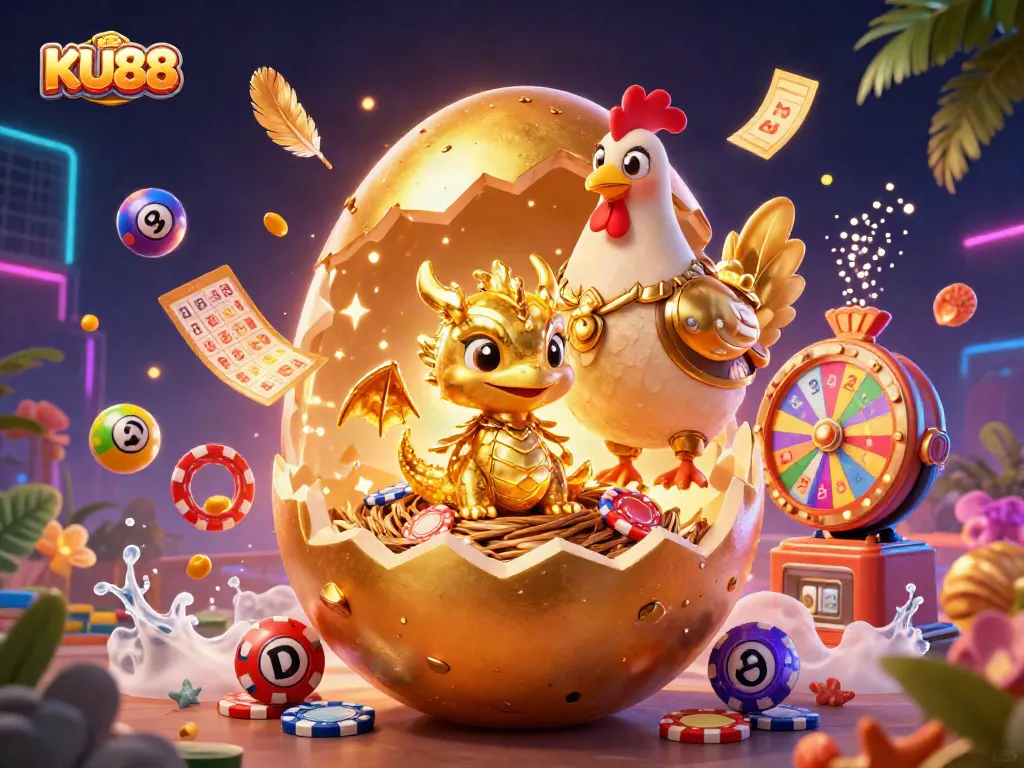 KU88 showcases an exciting golden dragon revealing poker chips amidst a vibrant casino scene.
