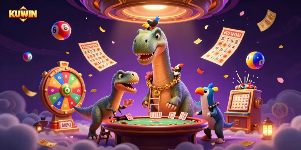 Experience excitement at KUWIN casino with a playful 3D dinosaur and card dealer scene.