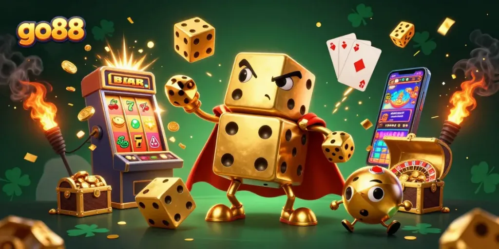 Experience exciting gameplay with go88 in an ultra-detailed casino scene featuring golden dice and jackpot fun.