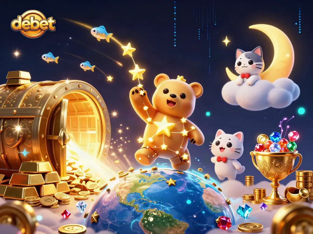 Play at Debet and win with a constellation bear among treasures and golden coins in a vibrant casino scene.
