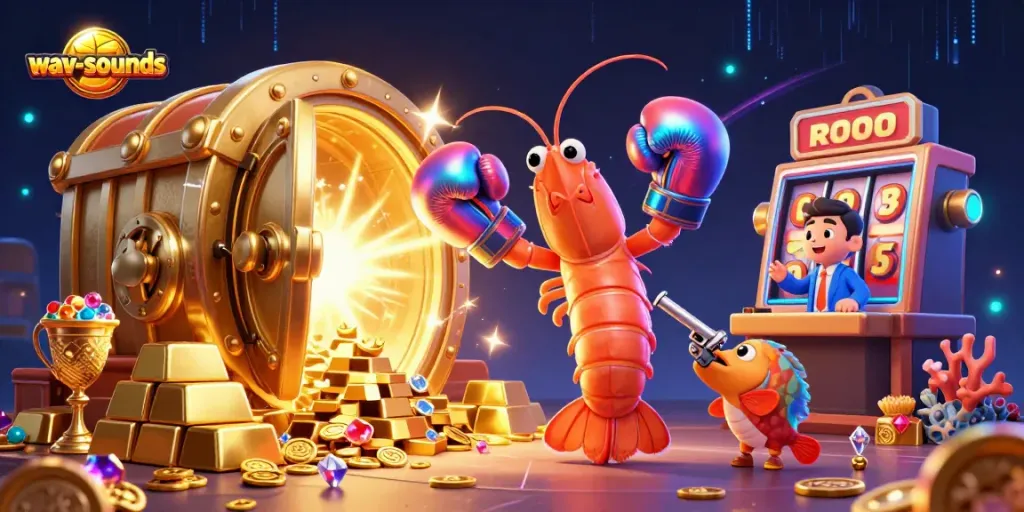 Wav-sounds menghadirkan ilustrasi 3D penuh aksi dengan karakter kasino yang menarik dan elemen permainan slot.