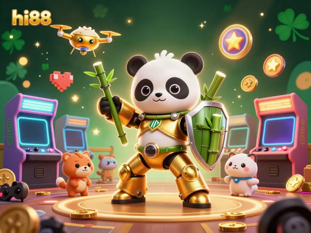 Join the action at hii88 with this vibrant casino-themed 3D illustration featuring a mech panda and gaming elements.
