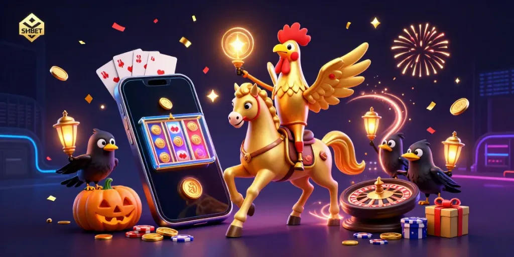 Experience SHBET's vibrant casino world with golden rooster characters in a dynamic 3D scene.