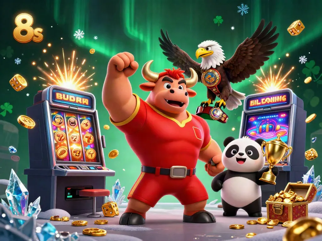 Experience the thrilling world of 8s as a bull wins with jackpots, eagles, and trophies in a dynamic casino scene.