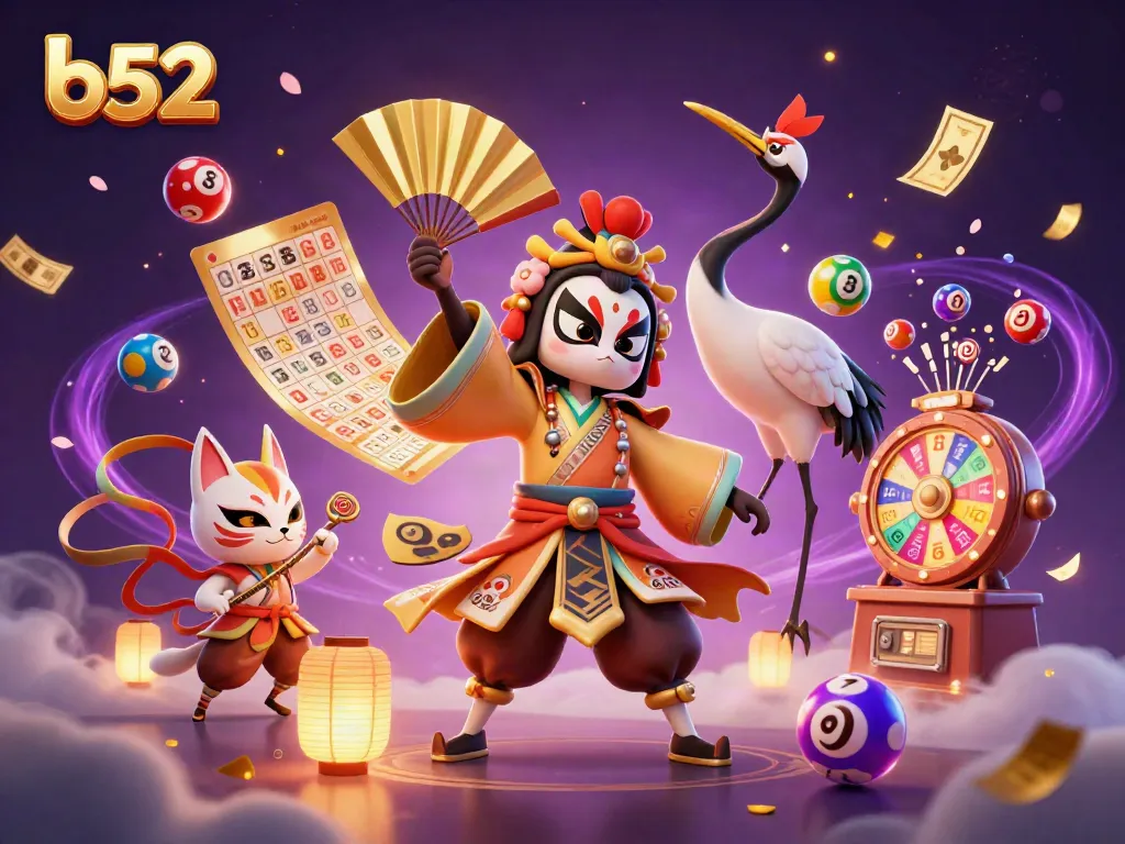Join the fun with b52 as a kabuki warrior entertains at the casino's exciting lottery festivities.