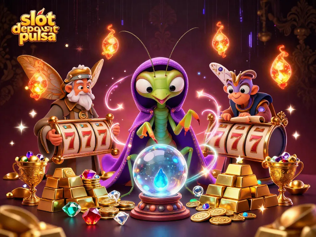 Engage in thrilling games with slot deposit pulsa, featuring a mystical setup with a fortune teller and rich treasures.